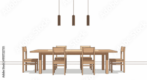 Modern dining room with wooden table and chairs vector on isolated  white background.