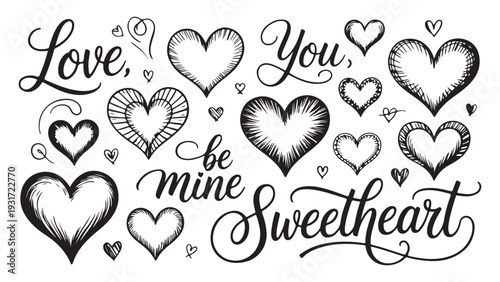 Love you sweetheart handwritten calligraphy doodle hearts sketch style romantic valentines day love theme illustration