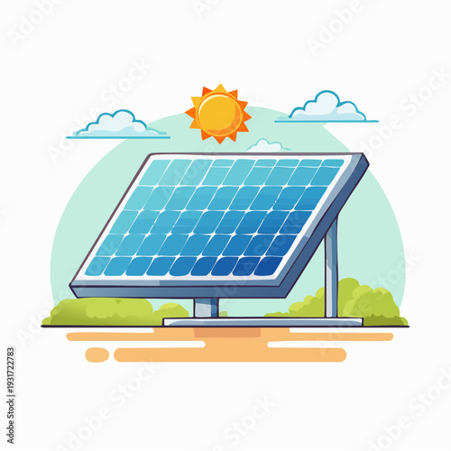 Illustration of a solar panel with a sun and clouds in a cartoon style against a green background.
