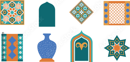 Flat Islamic Geometric Pattern and Architectural Elements Set Featuring Tiles Arch Niche Vase and Decorative Star Illustration