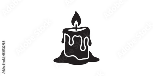 Minimal flat vector icon of a melted candle with wax, simple solid black silhouette, clean monochrome design, isolated on white background.