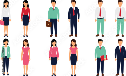 Collection of twelve professional business characters in cartoon style with diverse attire, hairstyles, office accessories, workplace diversity illustration, and corporate design inspiration