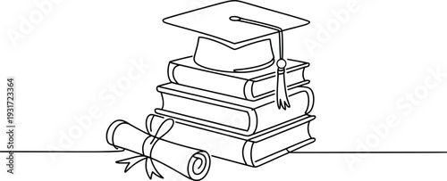 Stack of Books with Graduation Cap Minimal Line Art Illustration.