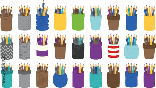 Colorful grid of thirty containers filled with assorted colored pencils in unique designs, patterns, and textures, ideal for art, education, and creative design projects