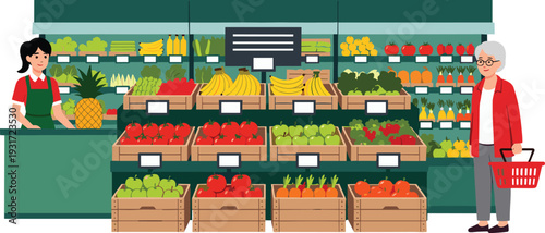 Colorful grocery store produce section with fresh fruits and vegetables displayed in wooden crates, featuring bananas, pineapples, apples, tomatoes, carrots, broccoli, and customer shopping scene