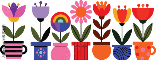 Colorful illustration of eight stylized potted flowers with geometric shapes, rainbow bloom, vibrant petals, decorative pots, playful botanical artwork for nature, design, and education