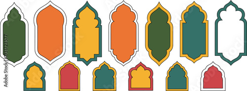 Islamic Arch Frame Collection with Ornamental Arabic Window Shapes and Decorative Mosque Niche Borders Flat Vector Set