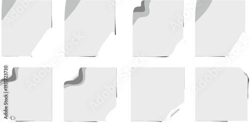 Blank Paper Sheet with Curled Corners Set, Realistic Page Fold and Crease Effect Collection Isolated on Transparent Background
