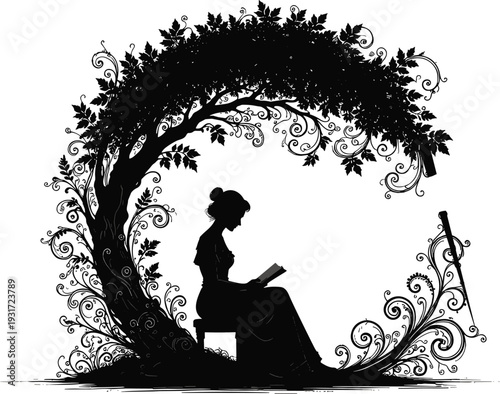 Fantasy silhouette illustration of person reading under ornate tree with sword, decorative branches, nature arch, storytelling design, mythology, heroism, and artistic inspiration