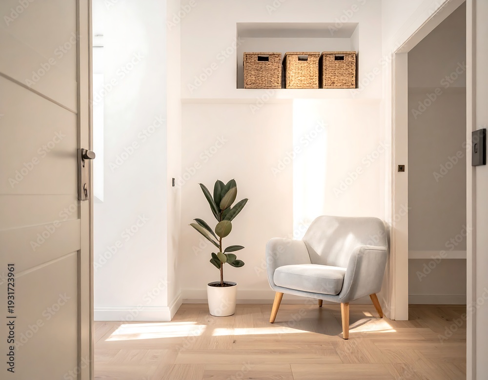 Fototapeta premium A serene gray chair sits beside a potted plant in a sunlit modern hallway with minimalist decor and wooden flooring