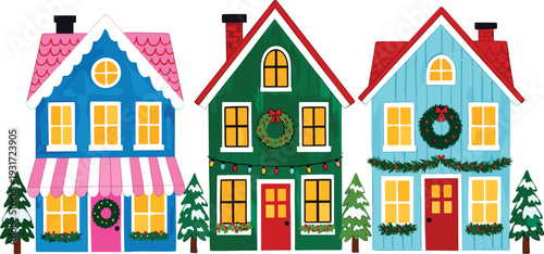 Festive holiday illustration of three decorated houses with wreaths, garlands, string lights, snow-covered pine trees, and glowing windows, symbolizing Christmas celebration and winter season joy