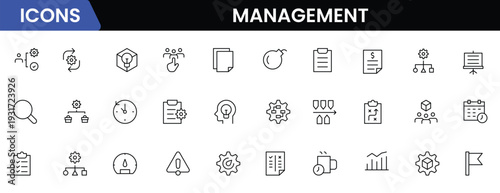 Management icon set. Contains such icons as schedule, human resource, management, development, planning, strategy, and more. Time management and planning concept
