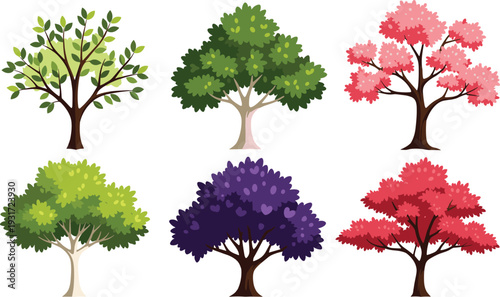 Flat vector illustration set of six diverse deciduous trees with green pink purple and red foliage for nature park landscape and seasonal environment branding