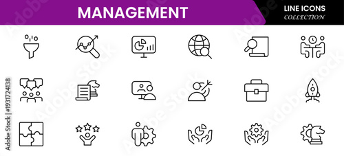 Management icon set. Contains such icons as schedule, human resource, management, development, planning, strategy, and more. Time management and planning concept