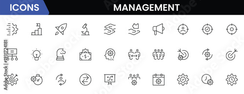 Management icon set. Contains such icons as schedule, human resource, management, development, planning, strategy, and more. Time management and planning concept