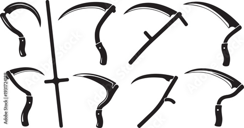 Collection of scythes and sickles in black silhouette style
