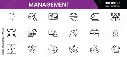 Management icon set. Contains such icons as schedule, human resource, management, development, planning, strategy, and more. Time management and planning concept