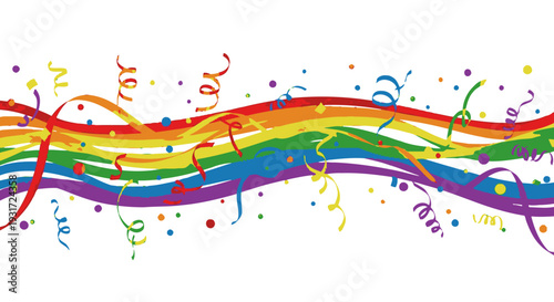 Colorful Streamers and Confetti on White Background.