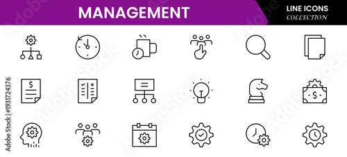 Management icon set. Contains such icons as schedule, human resource, management, development, planning, strategy, and more. Time management and planning concept