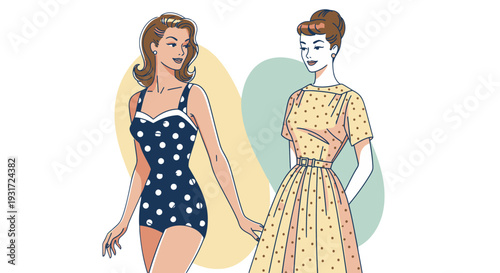 Two women in vintage dresses and swimsuit holding hands.