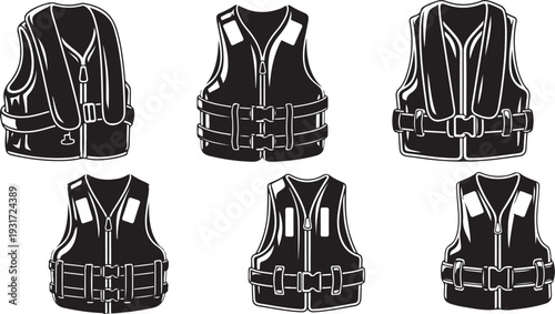Collection of black tactical vests with multiple buckles and zippers