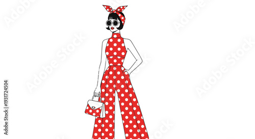 Fashionable woman wearing red polka dot jumpsuit and matching accessories.