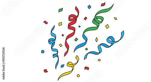 Colorful confetti and streamers on a white background, festive decoration for parties and celebrations.