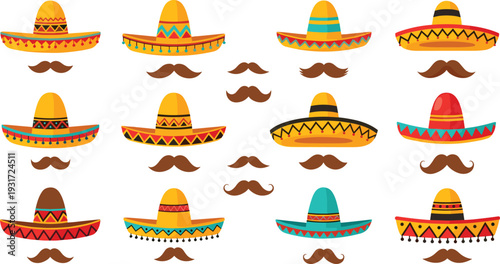 Colorful Mexican Sombrero Hats and Mustache Collection Traditional Fiesta Costume Elements Cartoon Style Vector Illustration Set