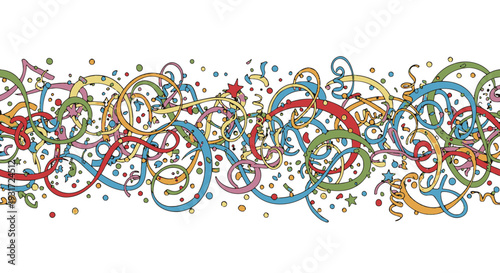 Colorful Confetti Streamers and Ribbons on White Background.