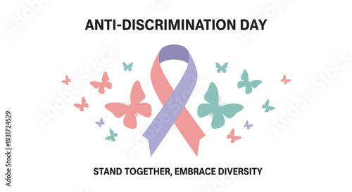 Anti-Discrimination Day illustration with ribbon and butterflies.