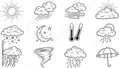 Hand Drawn Weather Icons Set with Sun, Clouds, Rain, Snow, Thunderstorm, Tornado, Moon and Temperature Symbols Vector Illustration Collection