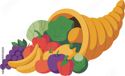 Cornucopia overflowing with fresh fruits and vegetables in detailed minimal line art vector illustration style