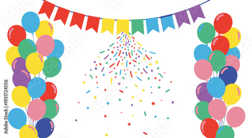 Colorful balloons and confetti with festive banner decoration for celebration.