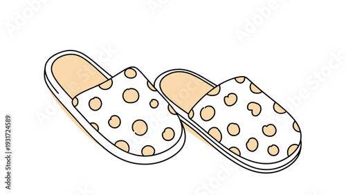 Pair of cozy indoor slippers with a cream colored base and brown polka dot pattern shown on a plain white background.