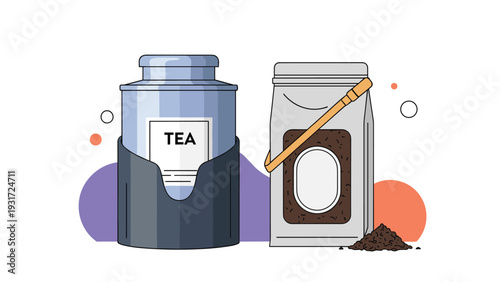 Sealed tea canister and a package of loose leaf tea sit together in a minimalist graphic representation of morning beverage essentials.