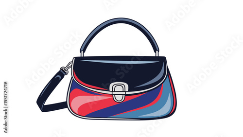 Modern designer handbag features a bold colorful wave pattern in shades of red blue and black with a stylish top handle and shoulder strap.