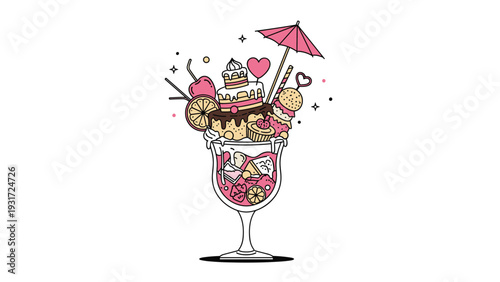 Extravagant pink dessert sundae served in a glass is overflowing with whipped cream cakes fruit a heart cookie and a small cocktail umbrella.