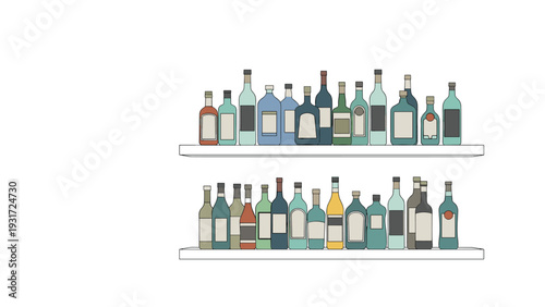 Assorted glass bottles of spirits and liqueurs are neatly arranged on two white shelves providing a complete selection for a home bar setup.