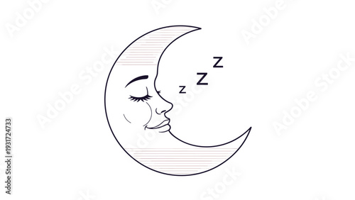 Peaceful crescent moon with a sleeping face and closed eyes is accompanied by floating letters indicating deep rest and a quiet night time.
