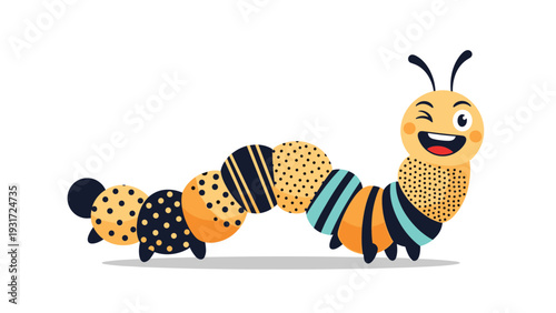 Cheerful cartoon caterpillar with multicolored patterned segments crawls along in this vibrant and playful children's illustration style.