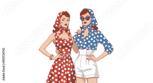 Two women in retro polka dot outfits standing confidently together.