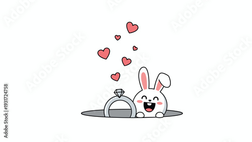 Cute white rabbit pops out of its hole holding a shiny diamond ring while surrounded by floating pink hearts for a romantic engagement theme.