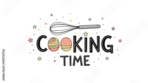 Cooking time graphic design features bold hand-lettered text paired with a wire whisk and two decorated cupcakes for a baking theme concept.