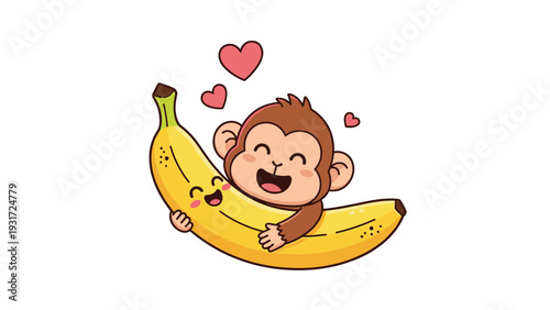 Sweet little monkey hugs a giant smiling banana while floating pink hearts symbolize a love for tropical fruit in this cute cartoon scene.