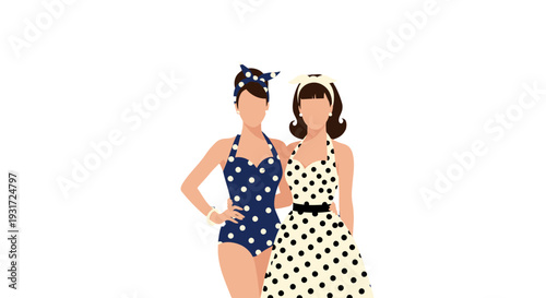Two women in polka dot dresses posing together.