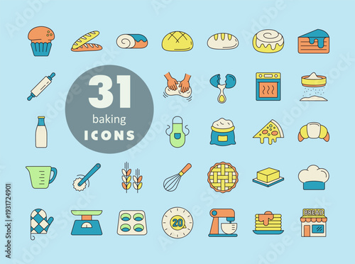 Baking Icons Set, Outline Style with Fill