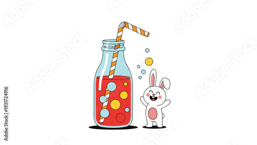 Happy white bunny rabbit jumps with joy next to a large glass bottle filled with red liquid and a striped orange straw on a plain background.