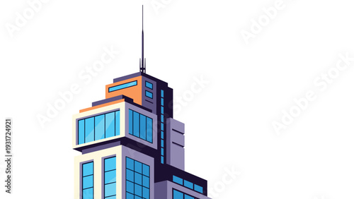 Modern office building skyscraper stands tall with glass windows and a long antenna against a white background for business concepts.