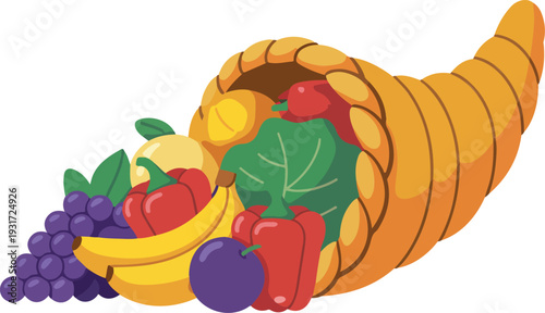 Cornucopia overflowing with fresh fruits and vegetables in detailed minimal line art vector illustration style