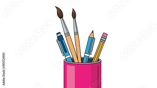 Pink pen holder contains various art supplies including paintbrushes, a mechanical pencil, and blue pens for a creative workspace illustration.